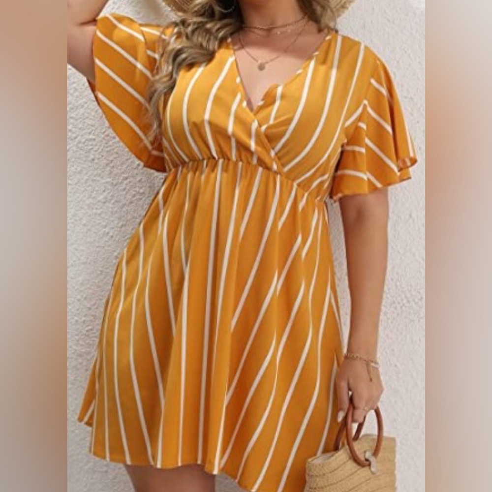 SHEIN CURVE size 2XL Mustard Yellow and White striped, V-Neck dress.